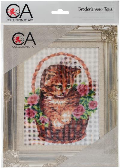 Collection DArt Stamped Needlepoint Kit 20X25cm-Kitten In Rose Basket