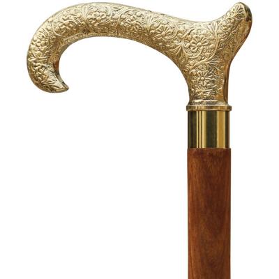 Benzara Hand Carved Wooden Walking Stick Cane With Golden Handle, Brown