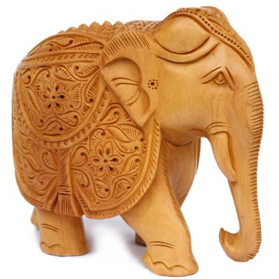 Benzara Hand Carved Elephant Statue In Kadam Wood, Beige