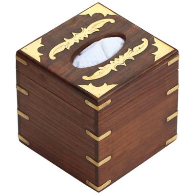 Benzara Handmade Wooden Tissue Box With Brass Work, Brown