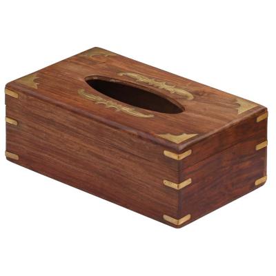 Benzara Wooden Tissue Box Cover With Decorative Brass Work, Brown