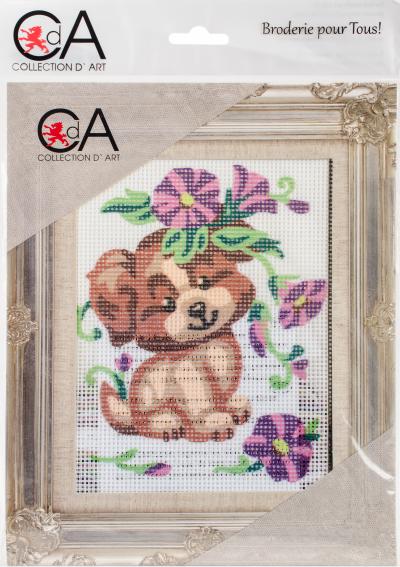 Collection DArt Stamped Needlepoint Kit 14X18cm-Puppy With Flowers
