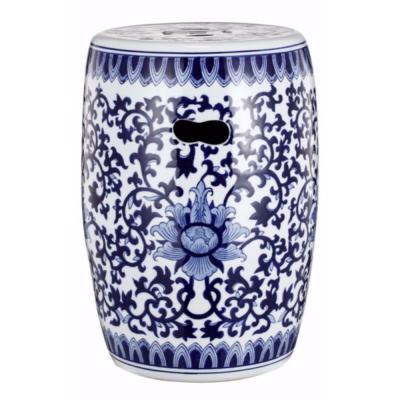 Round Floral Design Transitional Ceramic Stool, White and Blue