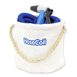 HoseCoil Canvas Bucket w/75' Expandable Hose, Rubber Tip Nozzle & Quick Release