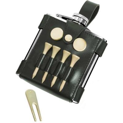 Visol GB 6oz Hip Flask with Black Leather Wrap and Golf Tools