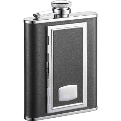 Visol SP Black Leather 6-oz. Flask with Built-In Cigarette Case