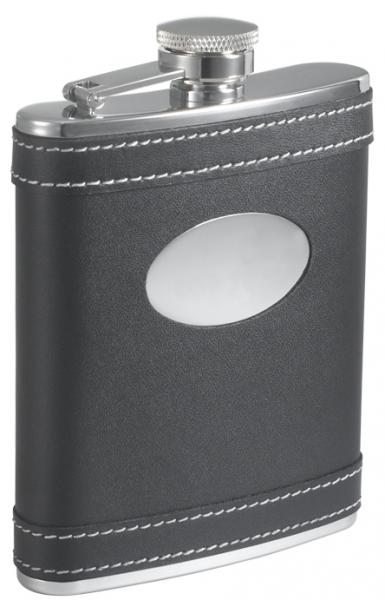 Visol Marlon Black Leather White Stitches Flask - 6 oz