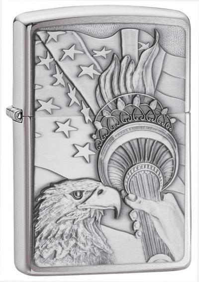 Zippo Eagle and Lady Liberty Torch Emblem Brushed Chrome Lighter