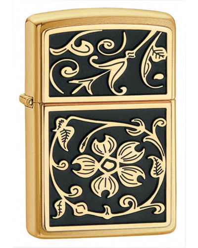 Zippo Gold Floral Flush Emblem Brushed Brass Lighter