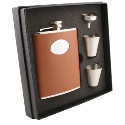 Visol Bobcat Brown Leather Deluxe Hip Flask Gift Set - 6 oz