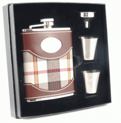 Visol Braw Plaid and Brown Leather Deluxe Hip Flask Gift Set - 6 oz