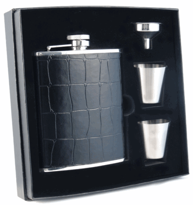 Visol Beau Monde Crocodile Leather Deluxe Hip Flask Gift Set - 6 oz