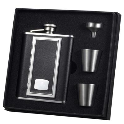 Visol SP Black Leather Cigarette Case-Deluxe Hip Flask Gift Set - 6 oz