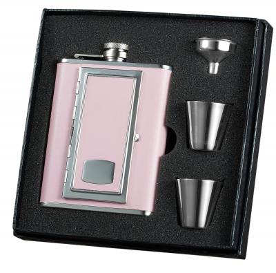 Visol SP Pink Leather Hip Flask with Built-In Cigarette Case Deluxe Hip Flask Gift Set - 6 oz