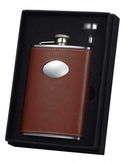 Visol Brown Leather Wrapped 8 oz Stainless Steel Flask Gift Set w/ funnel