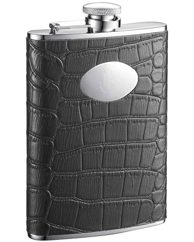 Visol Noir Black Crocodile Leather Hip Flask - 8 oz