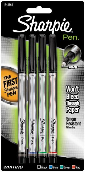Sharpie Fine Point Writing Pens 4/Pkg-Black, Blue, Red & Green