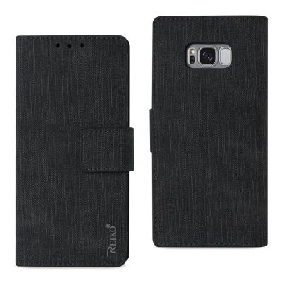 REIKO SAMSUNG S8 EDGE/ S8 PLUS DENIM WALLET CASE WITH GUMMY INNER SHELL AND KICKSTAND FUNCTION IN BLACK